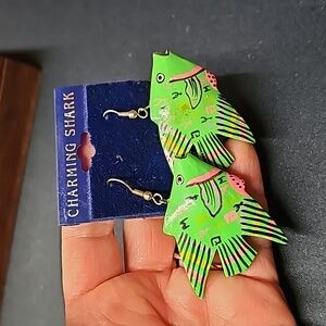 Charming Shark Green & Pink Wooden Fish Earrings New Old Stock